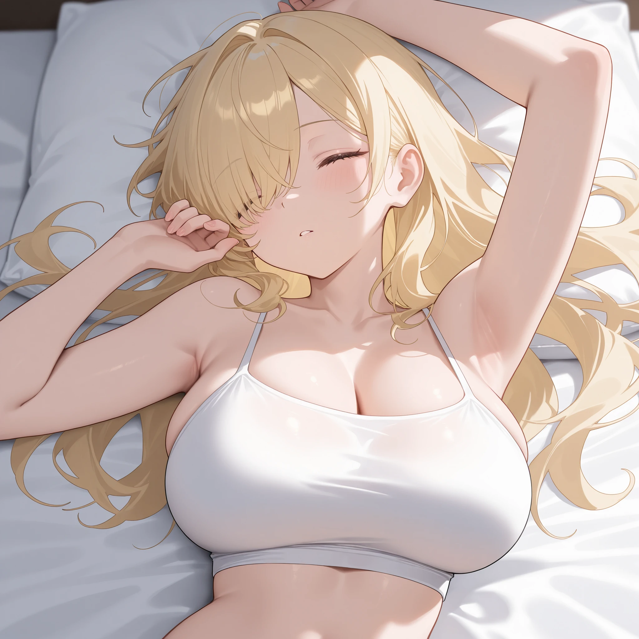 masterpiece, best quality, ultra high resolution, Beautiful girl lying in bed, (sleeping), huge tits, saggy tits, using a bralette, side view