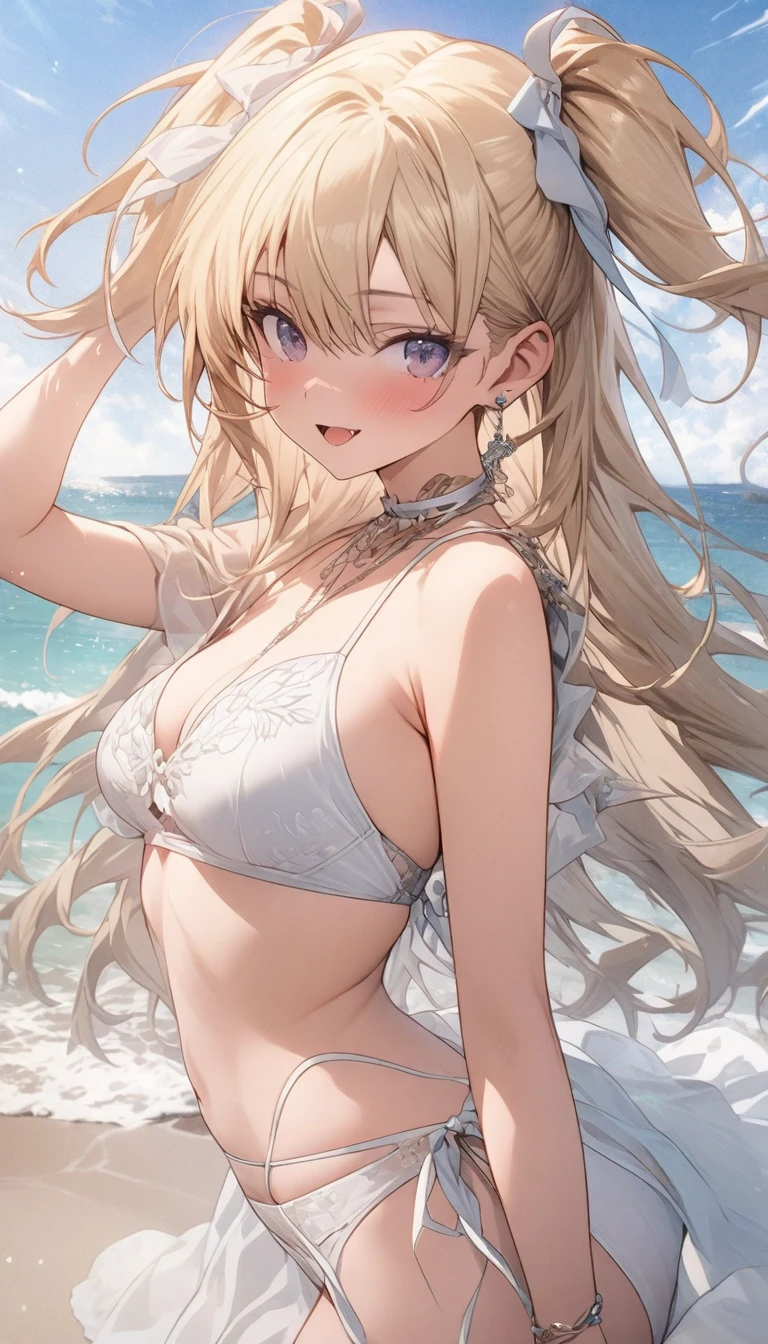 ((Masterpiece, highest quality, precision, ultra-detail)))), (Elf woman))))), (Gold embroidered white bi high leg))), (Blonde long braid hair), (Shore), ((Big)), (Beach), (Sand), Smile, (Beach))), Breeze, Dynamic Angle
