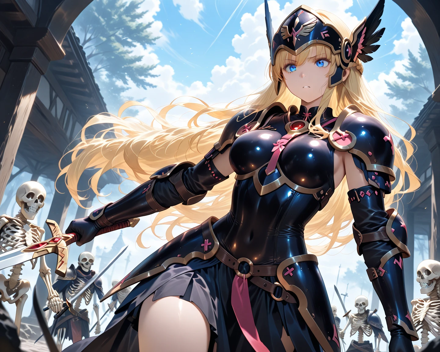 (Perfect Anatomy)、Mastepiece、Ultra High Quality、 8K、masterpiece、Highest quality、Ultra-high resolution、Maximum resolution、Very detailed、Professional Lighting、anime、Adult female、thin、so beautiful、Highly detailed eye、Highly detailed face、Armored Dress, Red and black armor, , Black decorated gorgeous tiara,Red earrings,Frilly Armor,Golden Hair, The tips of her hair are pink、Golden Eyes,White underwear、forest、Bow equipment, equipped with a bow and arrow, female archer, Archer, Defeat the enemy on the battlefield, happy, 独奏 / 1girl、shoot a bow, Cleavage、Overall image