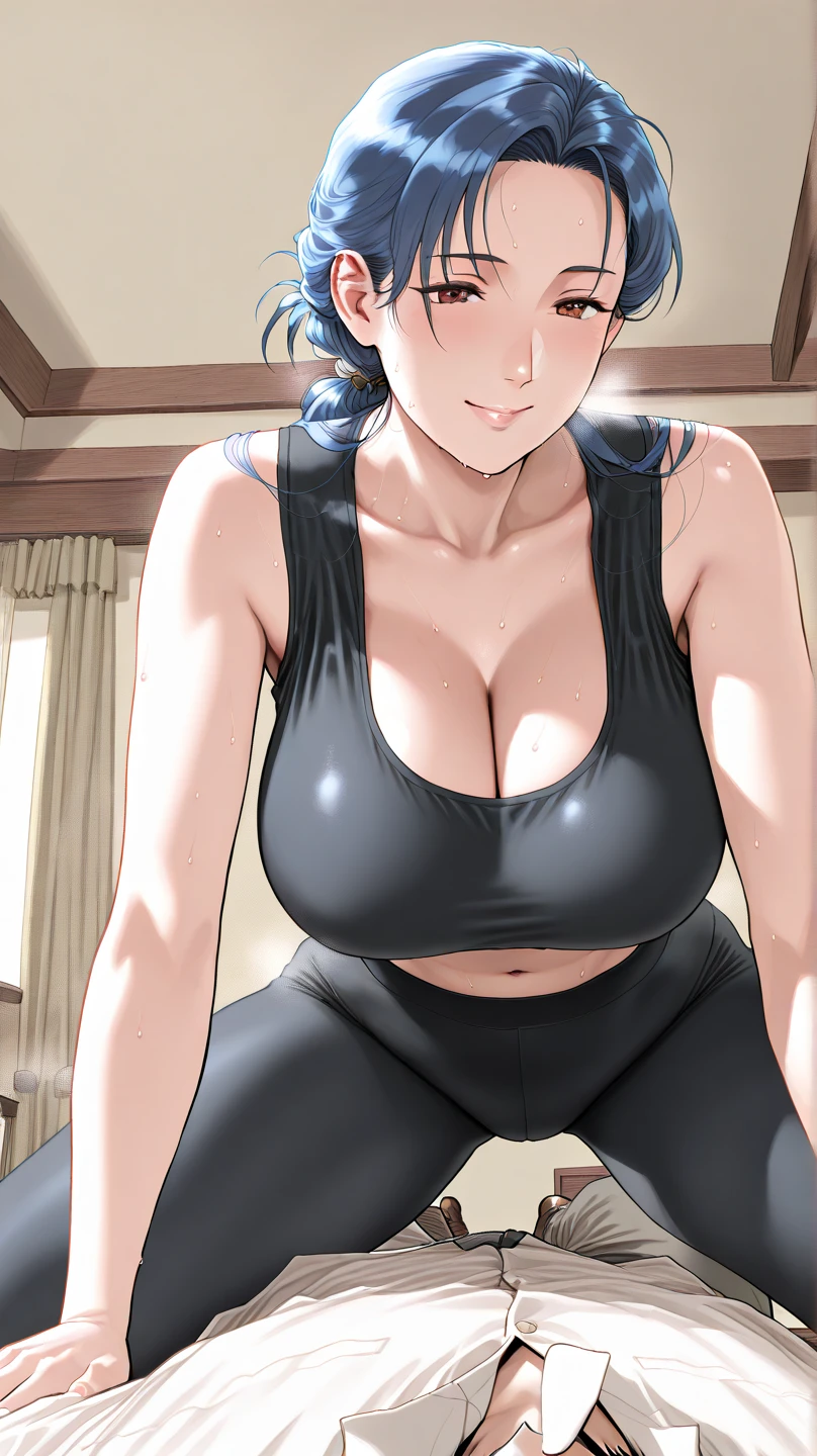 gym, workout, hot, sweating, sweaty, tan, big , tan skin, flustered, blush, purple clothes, see thru, yoga pants, black hair, curvy woman, sexy, sitting on exercise ball, gym ball, exercise ball, coach helpinh her up, coach reaching out hand,curvy woman, reaching out hand, grabbing hand, holding hands, in pain, curvy woman, holding hands , purple clothing, purple eyes, purple yogapants, sfw, sitting, sitting on floor