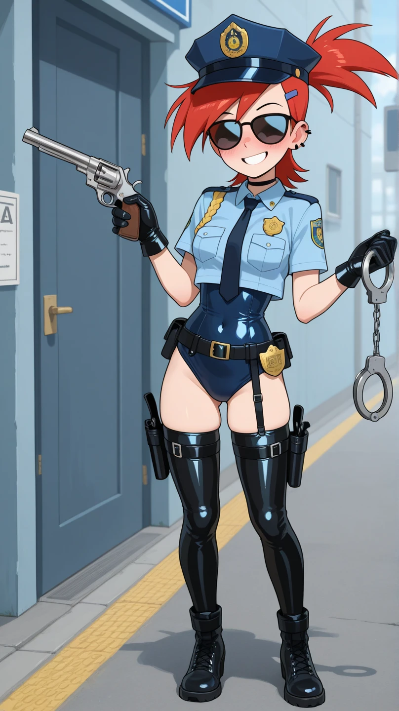 There is a woman in a police uniform, official, police official, (Yoshida Yuuko), sad police, Attire: cop, redhead woman, yoshida yuuko wearing a police uniform, high resolution commission, sheriff woman, Lois van Baarle y Rossdraws, bottomless, leotard blue, bare legs, sitting on a chair, (((his hands are behind his body)),((The whole body is tightly bound.)) in jail, tapegag,