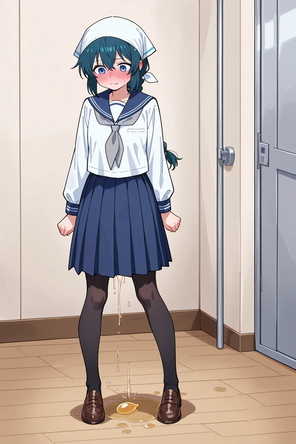((high quality)), ((masterpiece)), 8k, Peeing self, Have to pee, Anime, looking at camera, embarrassed, blush, pee stain, pee stain on skirt, peeing, yellow pee, tears, crying, out of breath, sweating, blue eyes, blonde hair, one girl