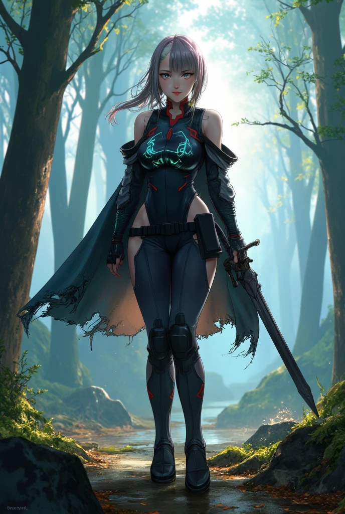 "The Last Anaconda Amazon" Beautiful woman, cold face, no horns, have an anaconda tail behind her butts, scary tail, have a thousand arms, an ancient witch, wear a full-mask cover face, holding sharply weapon and shield, wear an old-fashioned hood, wear a clothes from Arknights, Bloodborne theme, Arknights theme, dark fantasy, scary theme, green forest, monstrous pet, bloody background, supervillain, evil movement, mercilessly squads.