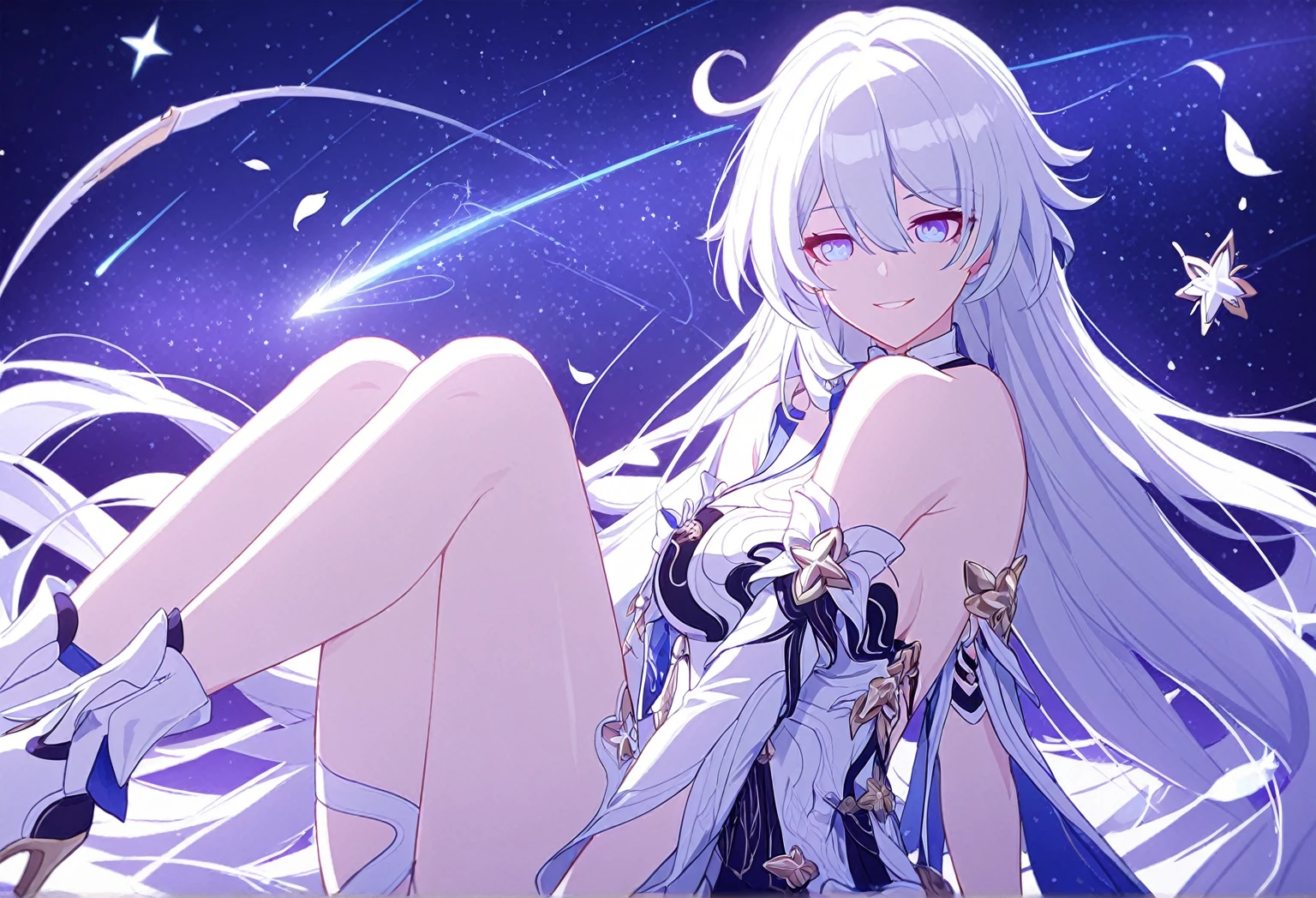 blue archive, hina (blue archive), 1girl, bangs, closed mouth, grey hair, hair ornament, hairclip, halo, horns, long hair, parted bangs, purple eyes, small breasts, solo, very long hair, bracelet, from_side, jewelry, looking_at_viewer, open_mouth, solo,