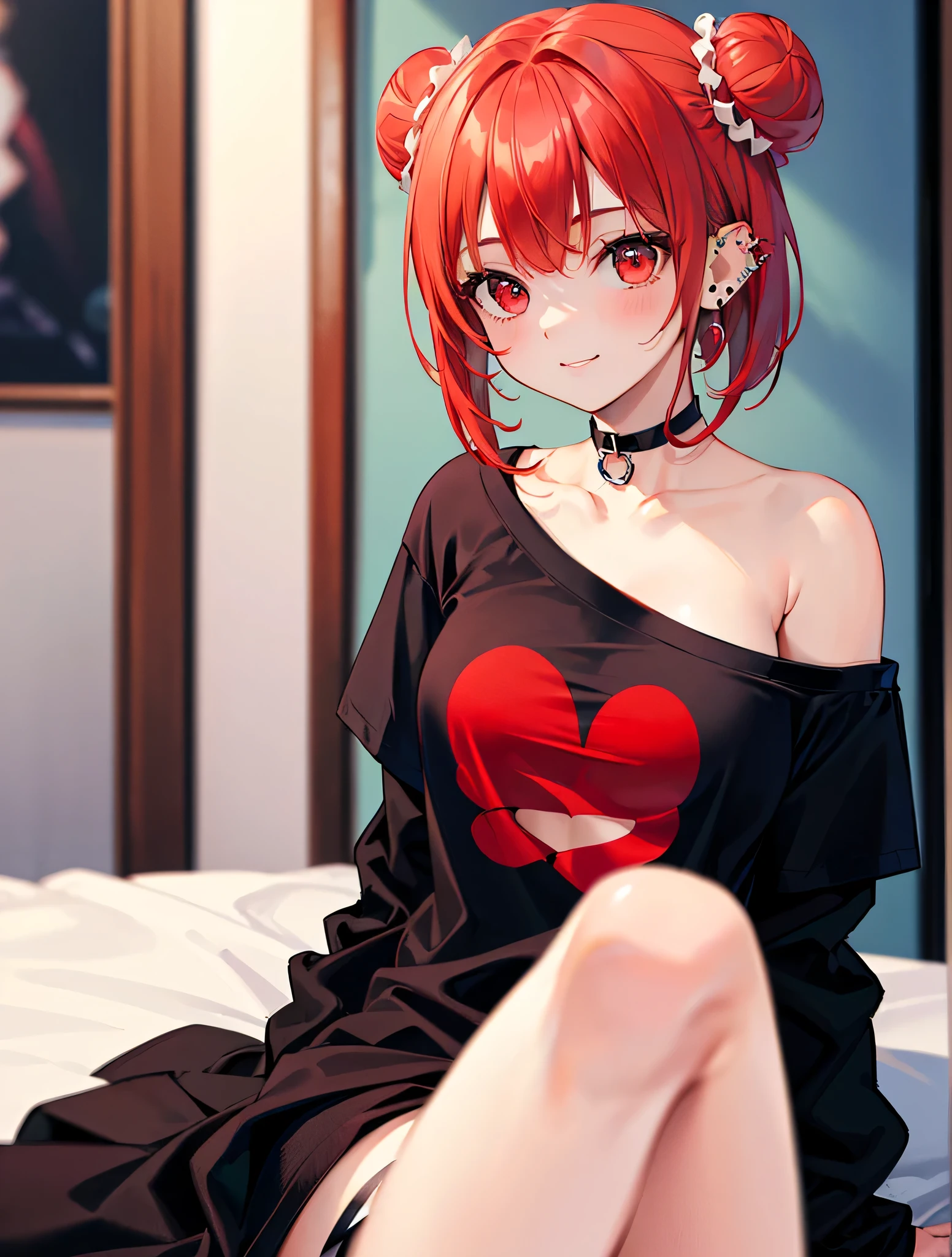 Realistic,Highest quality, Ultra Detail, High-quality CG rendering, The most delicate and beautiful, Floating softly, High resolution, (1 girl), (Highest quality,4K,8k,masterpiece:1.2),(All red hair:1.5), (ponytail:1.5),(Red eyes:1.5),(Slightly larger breasts:1.5),(Black oversized long sleeve t-shirt:1.3),(Piercing in left ear:1.3),Inside the room,smile,bed,(bedに座っている:1.3)