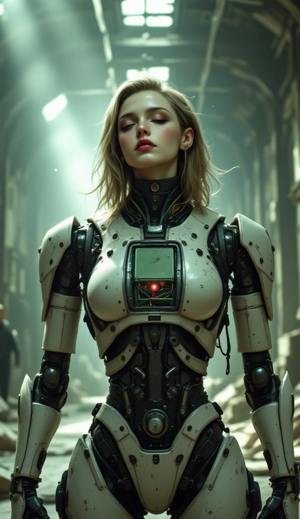 Full body, a heroic blonde woman in the dark, mecha, huge in background, sci-fi armor, black matte angular armor, Bladerunner 2049, ISO 100, 55mm lens, 16k.