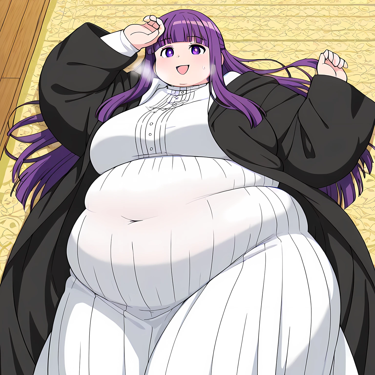 Fern, , fat, large belly, standing, grabbing belly, very fat, large stomach, chubby (best quality, masterpiece), fat belly