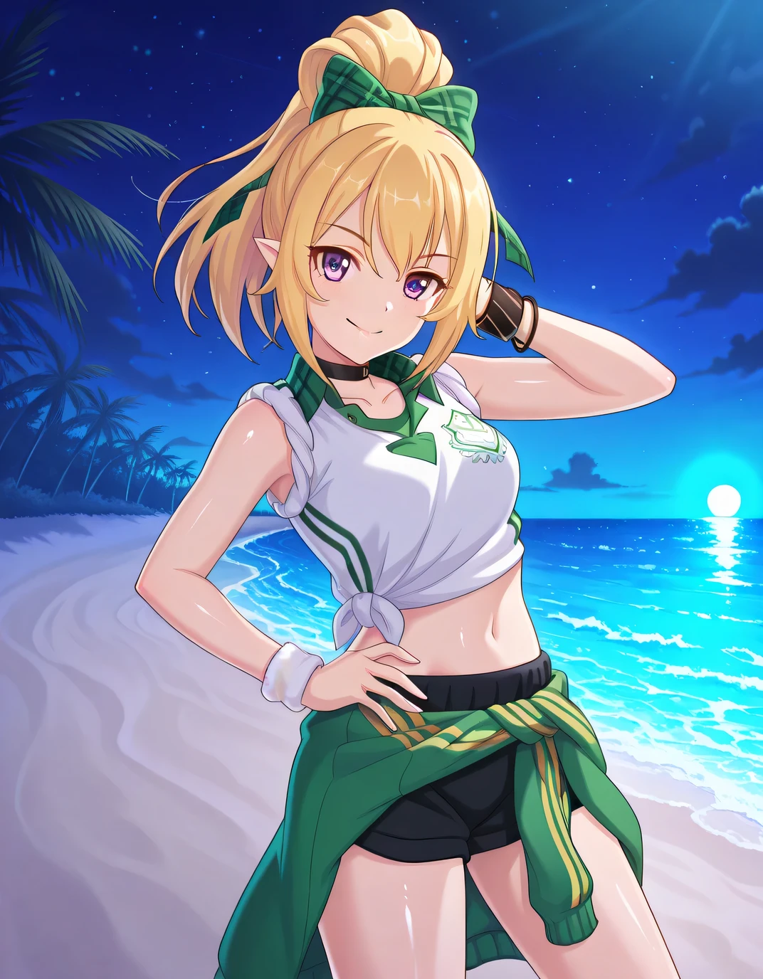 chloefesPCR, long hair, blonde hair, navel, bare shoulders, purple eyes, collarbone, jacket, white shirt, ponytail, hair bow, sleeveless, pointy ears, midriff, collared shirt, plaid, short shorts, sleeveless shirt, black choker, black shorts, high ponytail, wristband, green bow, sleeves rolled up, gym uniform, green jacket, tied shirt, clothes around waist, plaid bow, jacket around waist, source anime, shiny skin, high quality, solo, night sky, beach, hand behind head, hand on hip, ((contrapposto)), closed mouth, cowboy shot, looking at viewer, smile, best quality