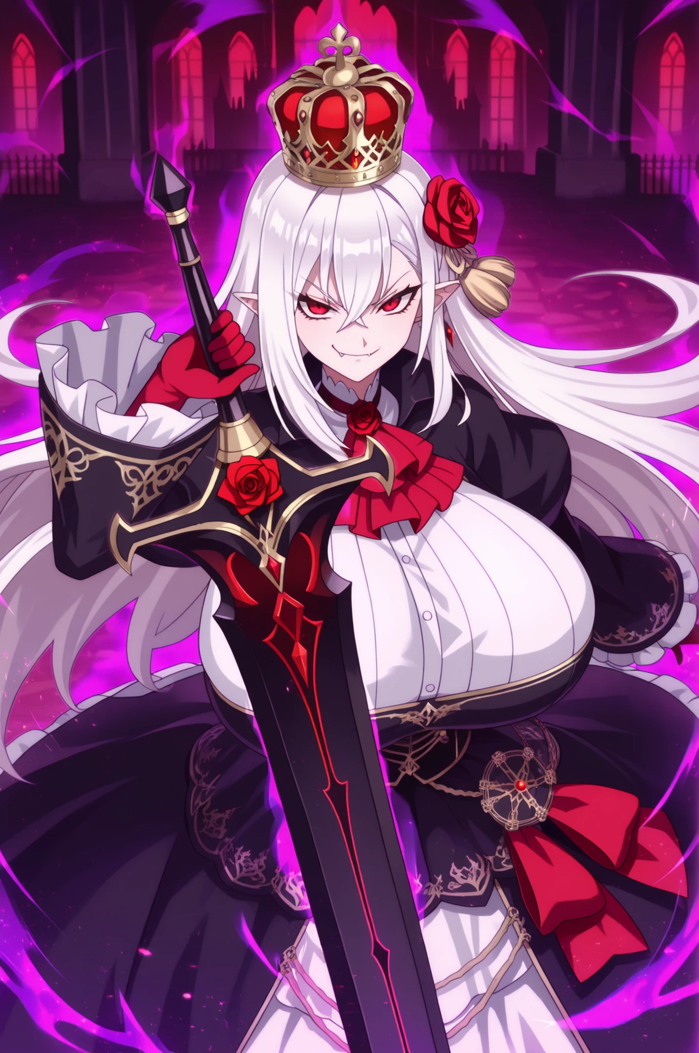 masterpiece,best quality,amazing quality,very aesthetic,absurdres,sharp details,1girl,bangs,vampire fangs,pointed ears,roses,hair between eyes,hair rose,hair ornament,(holding a sword), gigantic breasts,gothic medieval dress,long white hair,long sleeves,looking at viewer, red eyes, red gloves,solo,tassel,vampire,royal crown,dynamic pose, smirk,roses,((dark magic sword)),(((magic aura))), Gothic theme, gothic castle