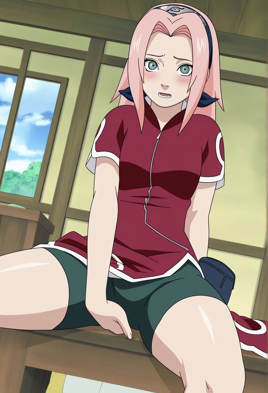 ((Masterpiece: 1.2)), ((high quality)), ((detail)), perfect anatomy, (masterpiece: 1.2), (high quality), 1girl, solo, lying, sakura haruno, pink hair, long hair, green eyes, red clothes, bare bottom, no panty, no underwear, pussy, hairy, black knee high socks , real whole body , realistic , reality , highly detailed , image looks very detailed , UHD quality , 8k lens , 70mm
