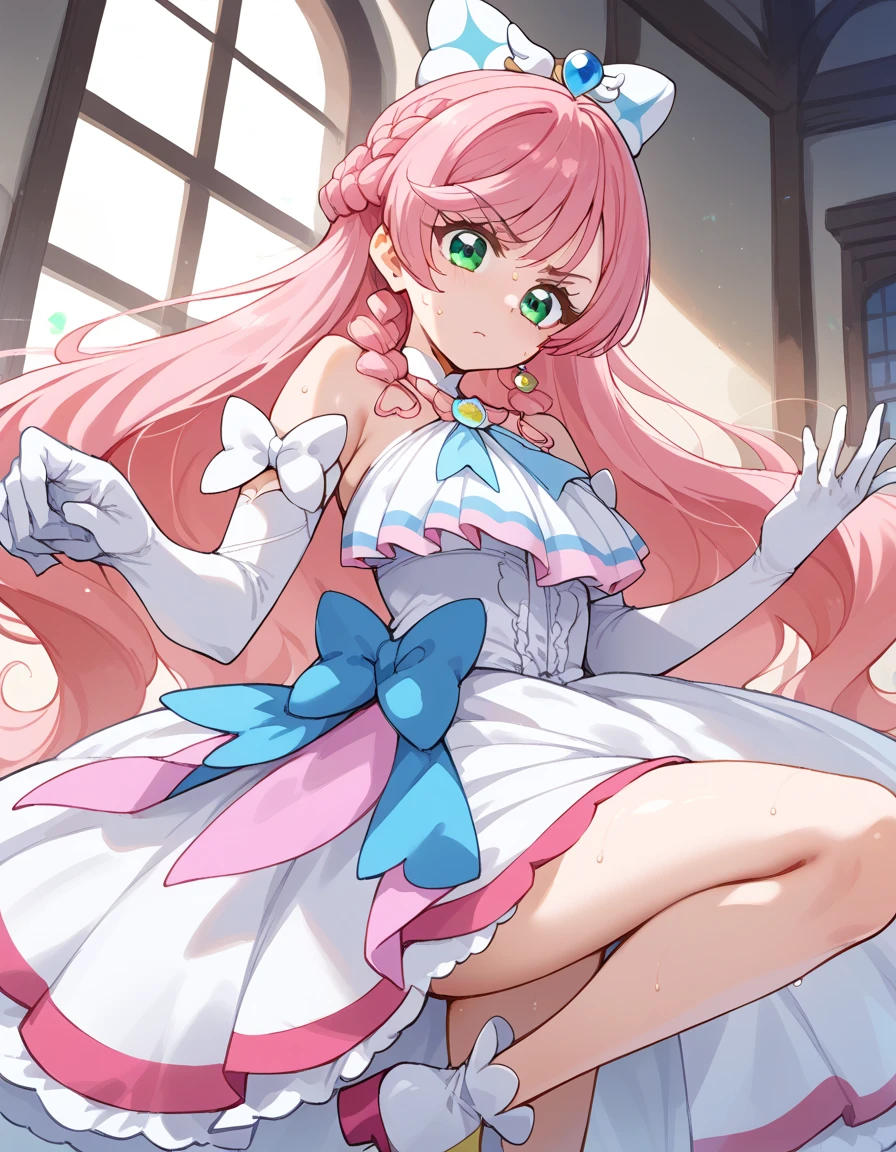 cute girl 1 person pink and white dress and blue innerwear Slipskirt white gloves Precure pink and white boots smile pink hair long hair cure prism