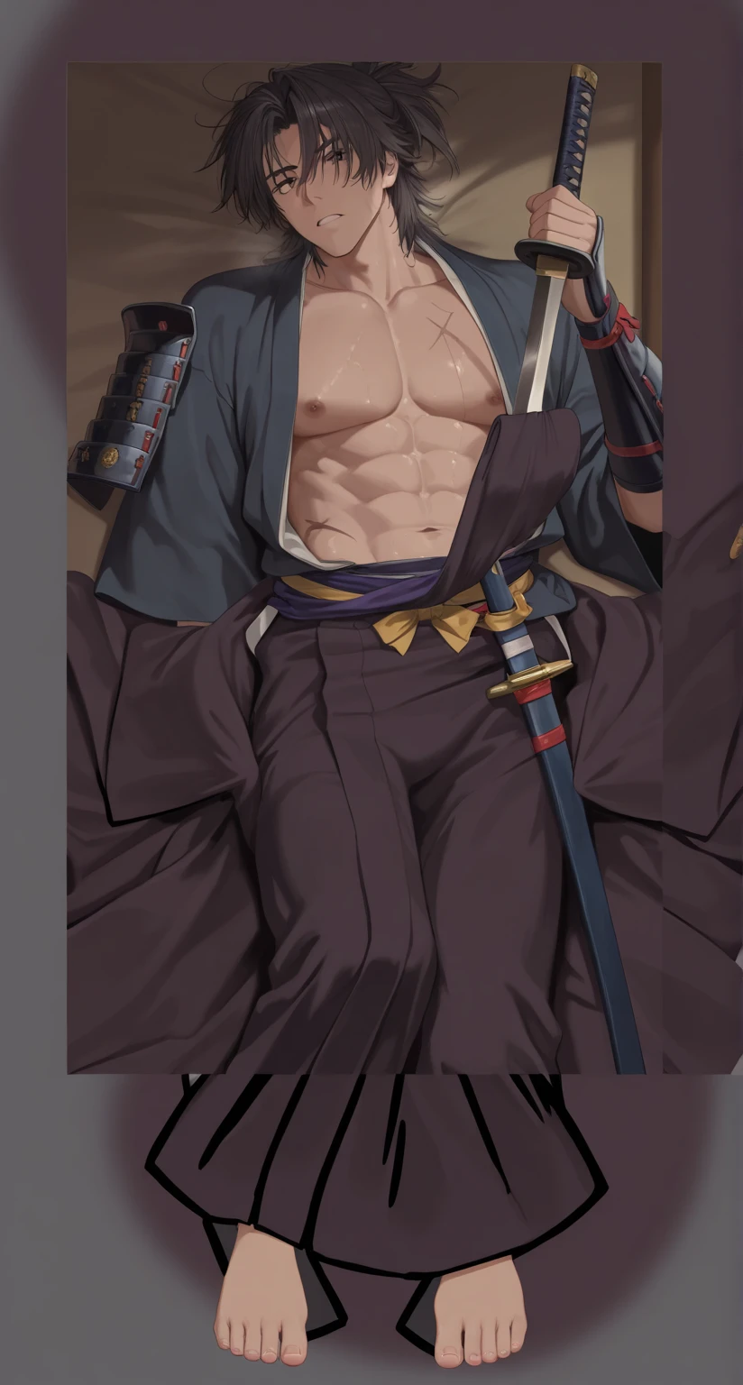 Anime boy, pale skin, blonde shaggy hair, blue/green eyes, in the style of samurai Champloo
