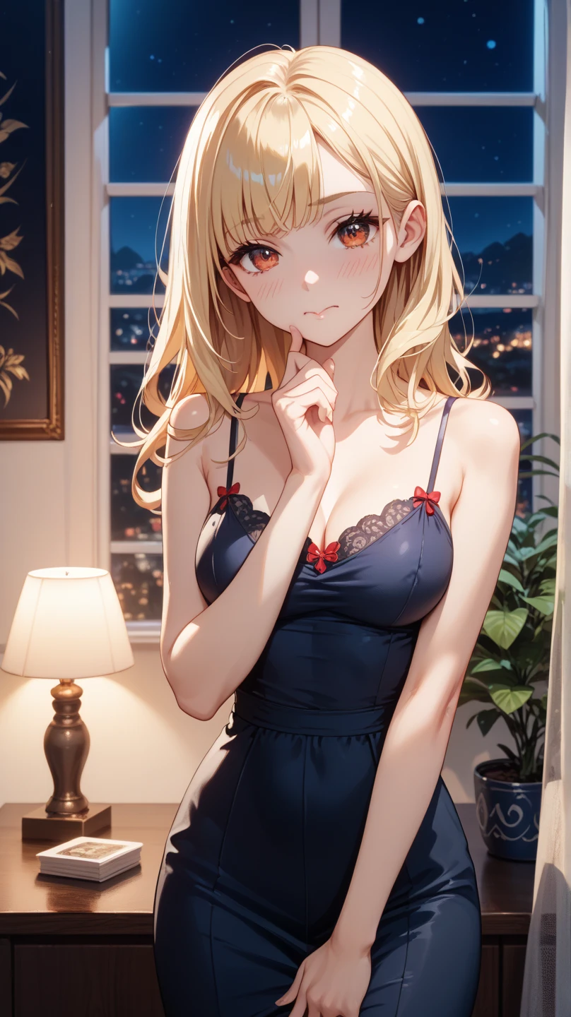 blonde, red eyes, girl, alone, solo, 1girl, bright red dress