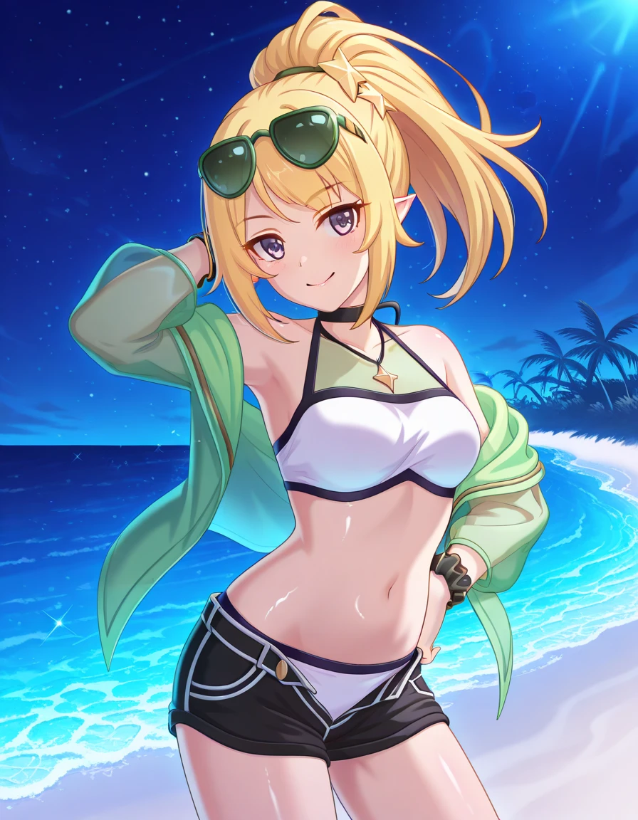 MASKING, 1girl, solo, looking at viewer, smile, short hair, blonde hair, brown eyes, yellow eyes, black bikini, high quality, solo, night sky, beach, arm behind head, hand on hip, contrapposto, closed mouth, spread armpits, (cowboy shot:1.5), looking at viewer, grin, best quality,