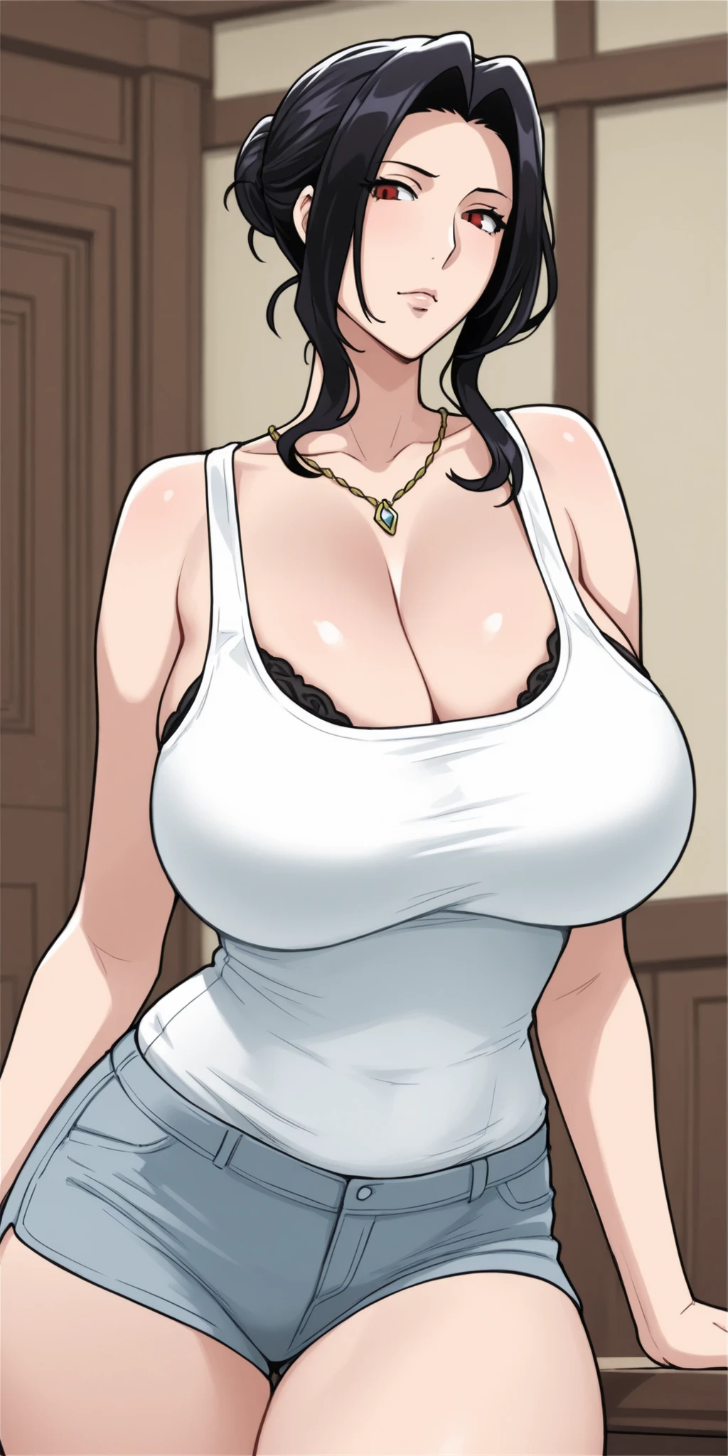masterpiece:1.5, best quality:1.5, aesthetic, 1girl, sidelocks, cinematic lighting, sharp focus,large breasts , mature female, horny ,16k, glowing eyes, detailed 4k eyes, nsfw,
playground,seduction,sexy lips, parted lips,detailed lips,
red lips, high detailed background, detailed face,shiny skin,
auntjunev3,auntjune,,hair bun, bangs, messy hair,
necklace, jewelry earrings , pearl necklace,lingerie, white skirt, pencil skirt, sleeves rolled up