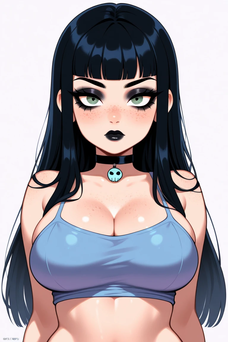TheSpirit,((blue skin)),green eyes, solo,upper body, blush, embarrassed, SpiScho, black Long hair,very long hair,(insanely detailed, beautiful detailed face, masterpiece, best quality),small breast, wide hip, thighhighs,black lingerie, cat ears, tube top