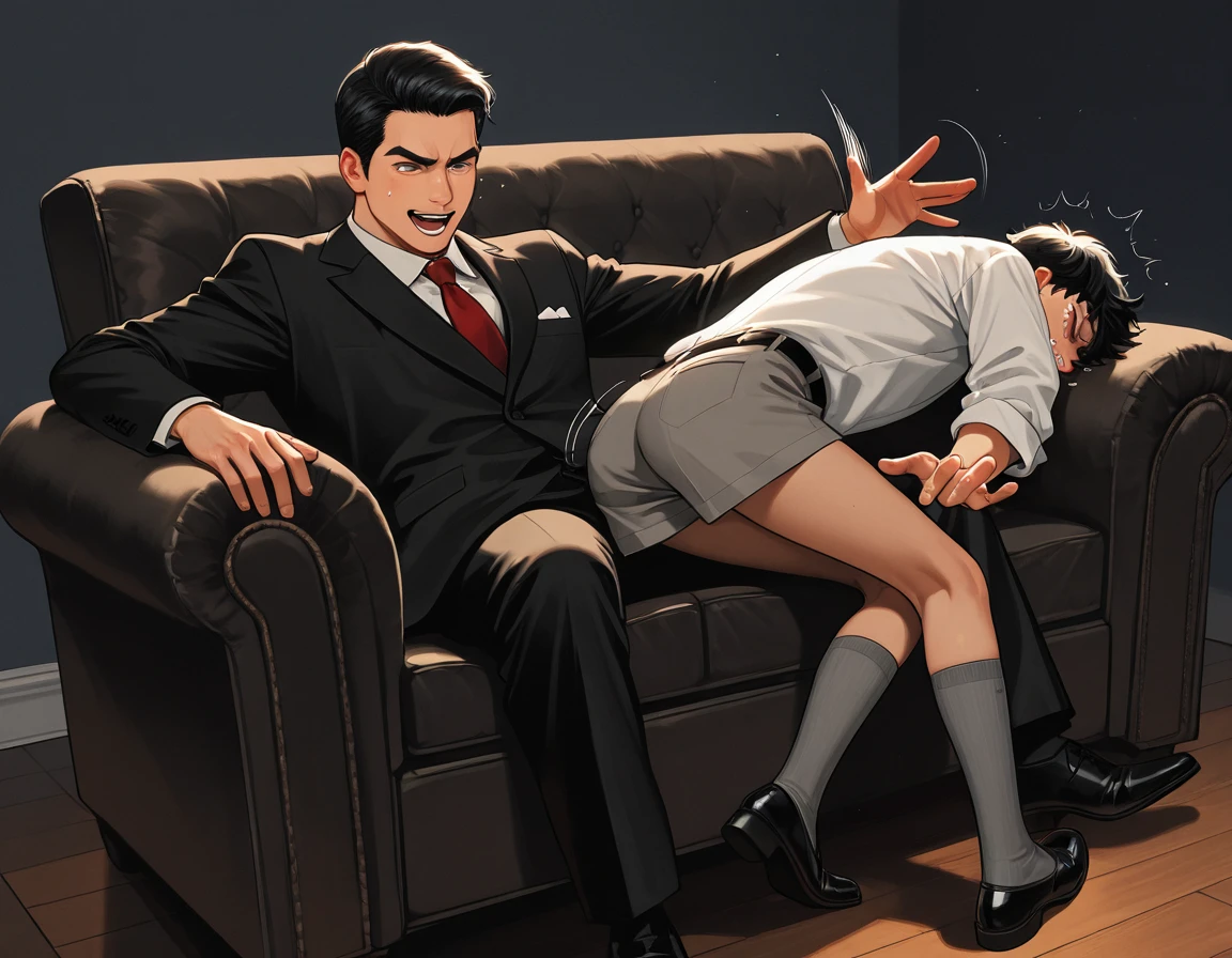 The man in his 45s with black very short hair and smooth face with moustache. The woman in her 45s with brown wavy long hair. The man is wearing an unbottoned white shirt and black jacket. The woman is wearing a green dress. In the bar bathroom that is dark color. The woman is leaning at the counter. Doggy sex. The woman is moaning. Orgasm. Passion. Erotic. Night. Dim environment. Realistic. Ultra realistic.