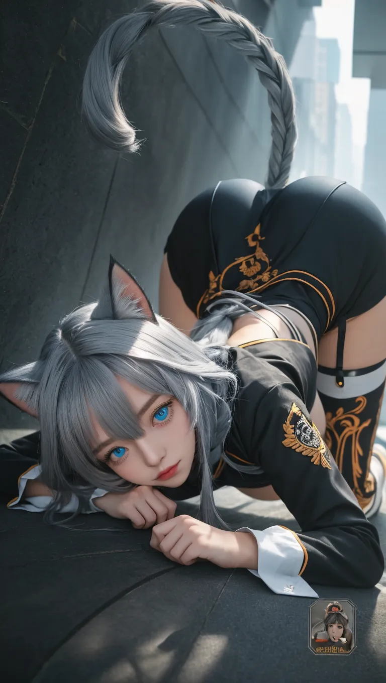 There is a woman with cat ears, Anime girl cosplay, Attractive cat girl, beautiful young catgirl, Anime cosplay,  cosplay, very beautiful cute catgirl, anime catgirl, full-cosplay, professional cosplay, cat woman, rpgmaker, cosplay foto, realistic cosplay, White Cat Girl, White-haired fox, 2b，Holding a gamepad in hand