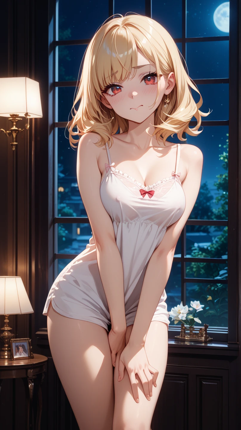 masutepiece, 1womanl, (((Solo))), of the highest quality, Hi-Res, 4K, cleavage, ((White sheer dress)), medium breasts, Red Eyes, a blond , earrings, ssmile, luxury hotel,