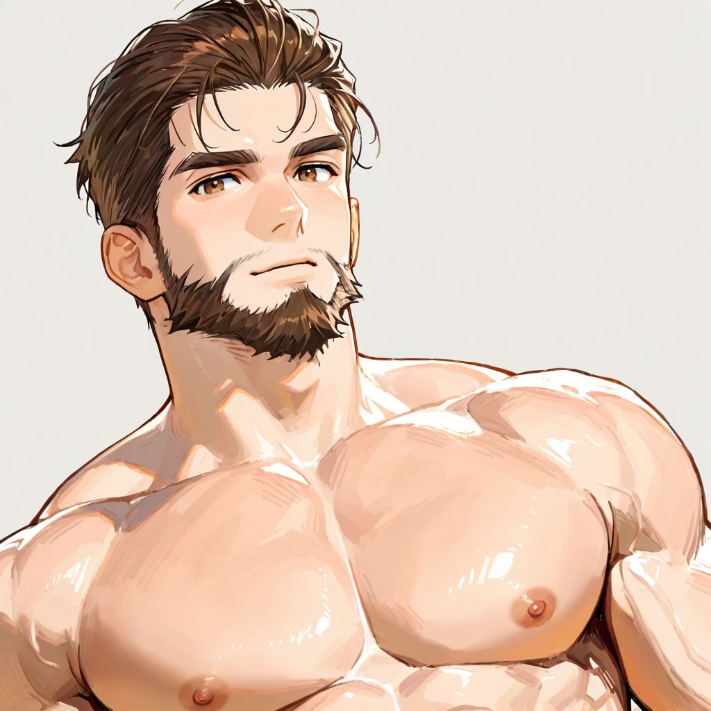 Tall, muscular man with Dark brown skin, hazel brown eyes, twisted mid length hair pulled back into a ponytail, sharp chiseled features, button nose, half lidded sharp eyes, plump two toned lips, tired expression