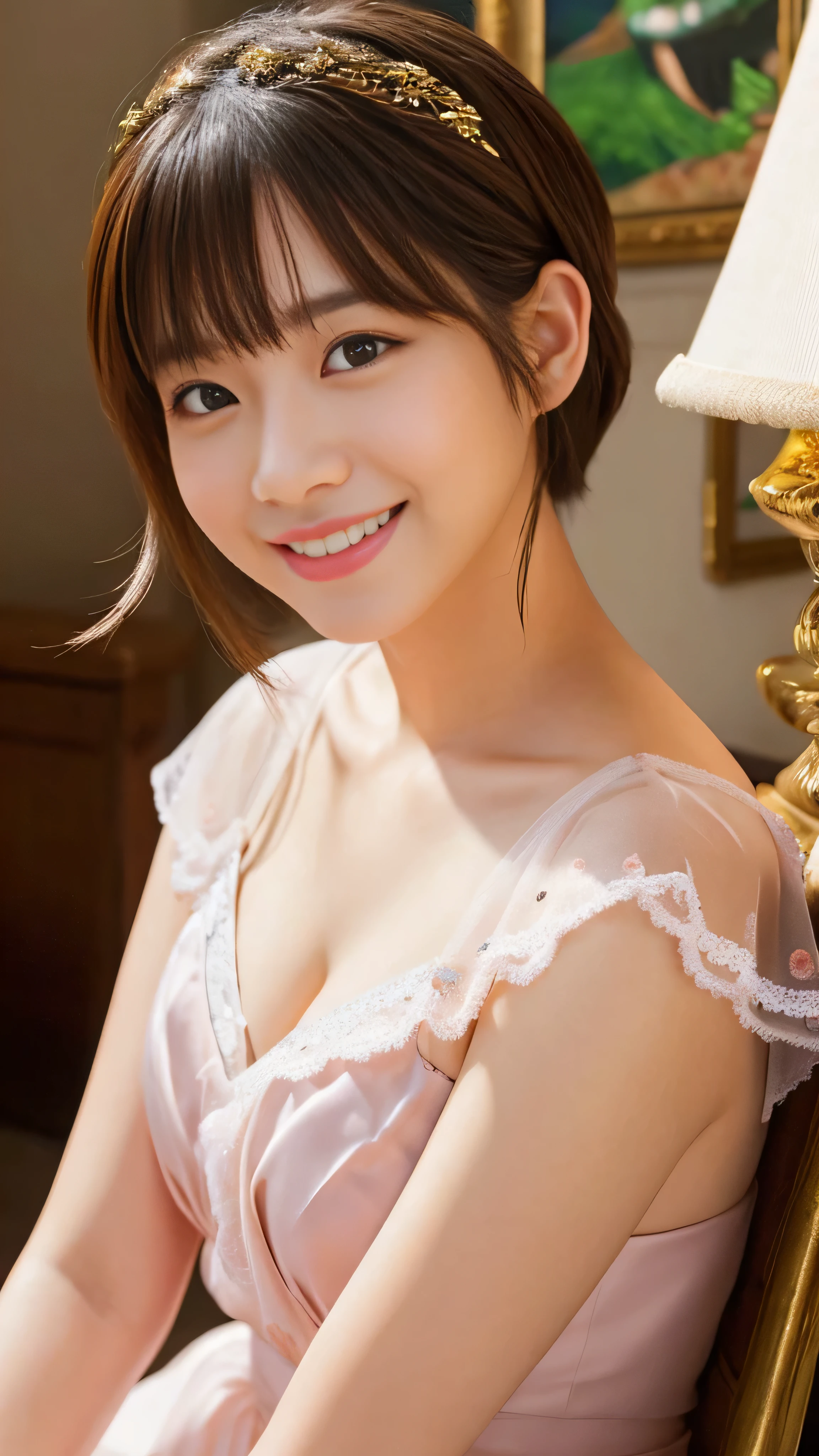 (8K、Raw photography、top-quality、masterpiece:1.2)、(realisitic、Photorealsitic:1.37)、ultra-detailliert、超A high resolution、女の子1人、see the beholder、beautifull detailed face、A smile、Constriction、(Slim waist) :1.3)、Beautiful detailed skin、Skin Texture、Floating hair、Professional Lighting、Whole human body、short-cut、Braided hairstyle、Bob Hair、E-cup、Happy smile、sixteen years old、Red ribbons、a baby face、Childish smile、Suppin、Moisturizing lips、Thin pink lips、Braided hairstyle、Lace white underwear、Micro size underwear、Navel Ejection、D Cup Breasts、cleavage of the breast