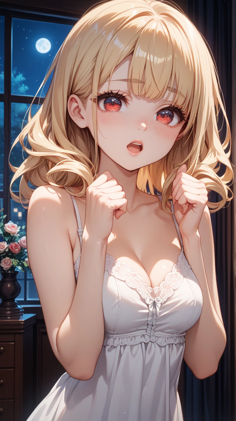 (depict young girl in bondage, long blond hair, straight hair), bedroom, small breasts, shy, happy, wearing white lingerie (((bondage))), (bound with ribbons), (arms behind back), ribbons around chest), (Masterpiece, Excellent, complex details), delicate girl, delicate face,