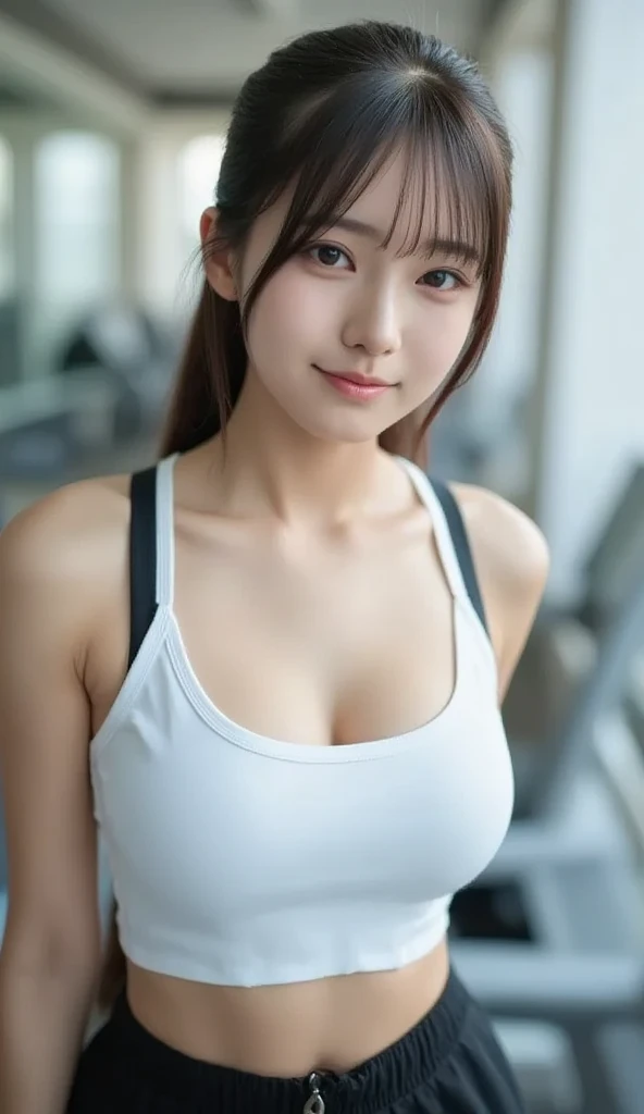 masutepiece, Best Quality, Illustration, Ultra-detailed, finely detail, hight resolution, 8K Wallpaper, Perfect dynamic composition, Beautiful detailed eyes, fitness wear, Natural Color Lip,cleavage,Ponytail、Professional filming