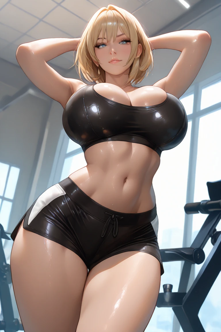 (The photo was taken in a gym locker:2). The girl on focus, She is facing the camera. She is coming out of the gym, (you can see her sweaty:1.3).
(She is wearing see-through bra:1.6), and you can see her cleavage, this photo is only focused on the body, for roleplay porpuses, she is also wearing black leggings, revealing her curves, she has very wide hips, you can see her great shape, you can see her. (She has pornographic exposure:2), (she is sweaty:2), has an evil smirk on her face.
The outfit is very tight, and she has a huge breasts, that are massive and insanely big.
(Her hair is blonde with colored streaks:1.3), (She has her hair in a short bob:1.5), or short blonde hair, or short multicolored hair.
(She has a very nice hair:1.2), and her hands are perfect. The shadows in the photo are soft. The girl is illuminated perfectly. The rest of the photo is perfect with a very detailed background. This creates a sense of pleasure and intrigue. The colors are all vibrant and satisfying to look at. The face is very realistic, and she is very detailed as well, she is appealing to look at. The general mood of the photo is sensual and alluring. The girl is the center of attention of the photo, And its beauty is undeniable. The beautiful setting and dramatic colors create a sense of hypnosis and excitement. This photograph is a perfect example of professional cinematic photography. It is well lit, well-proportioned, And the theme is absolutely amazing. It is sure to attract the attention of anyone, Who will see it. You could put a ornaments in her hair. Whatever, As a result, the photo will be composed?, It is sure to be a stunning and memorable image.