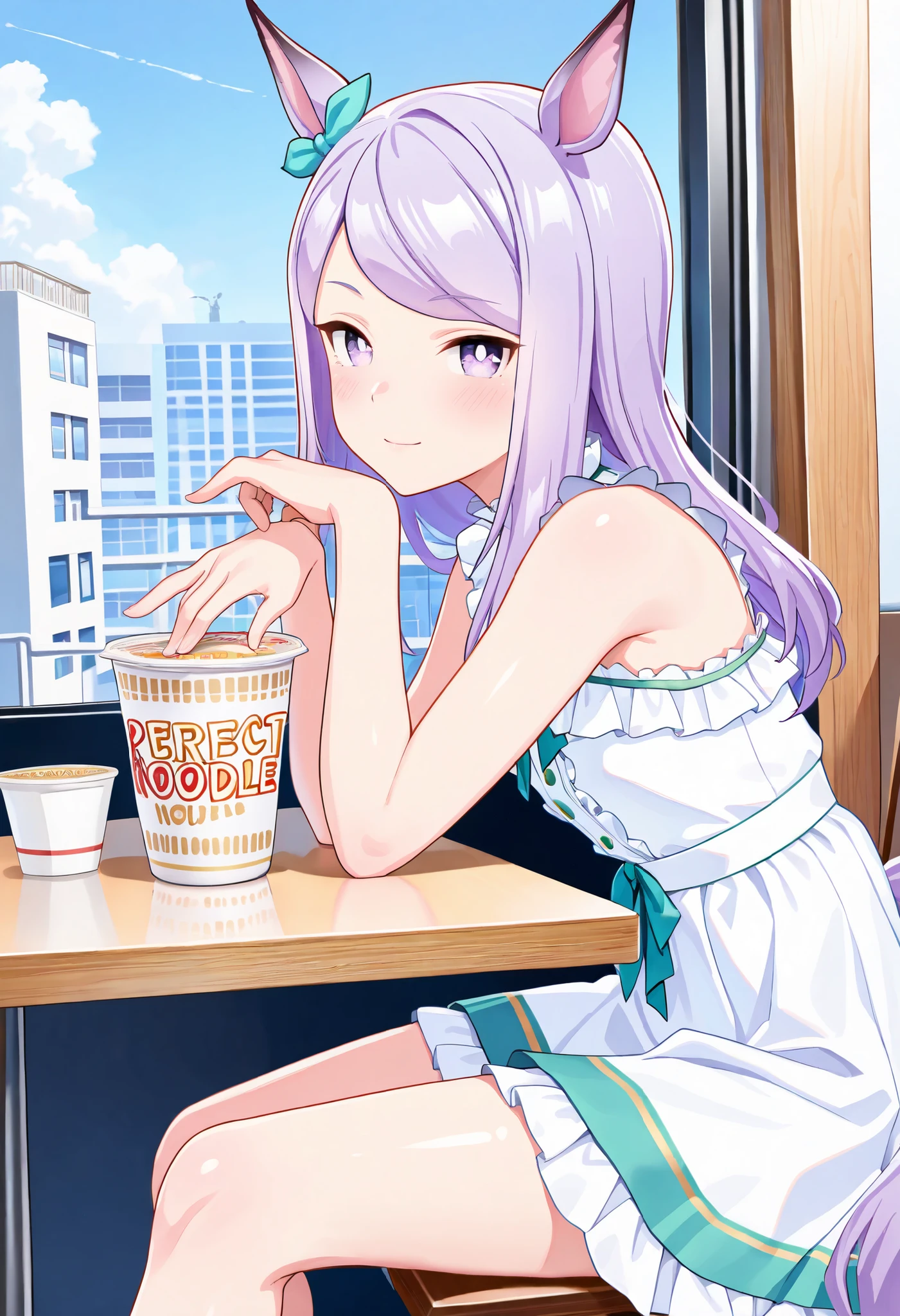 (masterpiece, best quality, perfect face:1.4), wide angle, mejiro mcqueen\(umamusume\), small breasts, horse ears, horse tail, tail on the lower back, proportional body, proportional,1 girl, beautiful hair, beautiful face, beautiful detailed eyes, beautiful clavicle, beautiful body, beautiful chest, beautiful thigh, beautiful legs, beautiful fingers, looking at viewer, BREAK, sitting, (leaning on table with elbow:1.2) (gazing at cup noodle), (stylish outfit) knit, BREAK, (large number of unopened cup noodle containers: 1.2) on table, BREAK (typical apartment) indoors, detailed background, BREAK, (light smile) blush, textured skin, realistic skin, HDR, BREAK, good hands