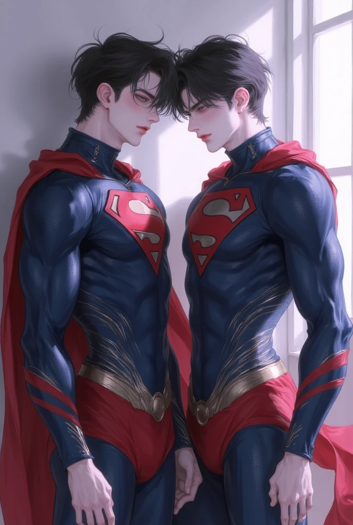 2 young men wearing clothes made of translucent colored fabrics kissing, their clothes expose their bodies in a suggestive way, they have fine fabrics and the wind, they are enveloped in an aura of magic and dust, natural elements, bulge 