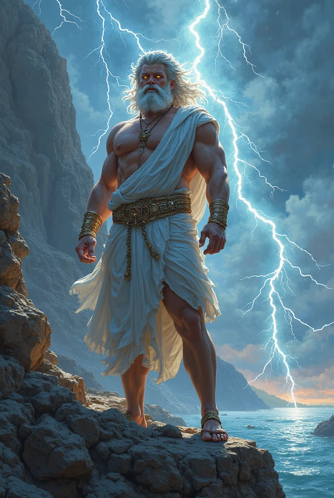 Super strong Zeus, with one hand extended to the sky 