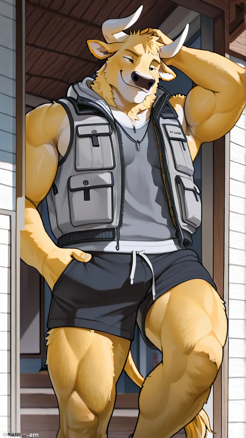 male, (full nude, only harness, only fundoshi, only helmet,) smile, construction site, muscular, hairy, blush, big bulge, squatting, sweating, realistic, Body Piercing, Brown Skin, Blonde Hair,