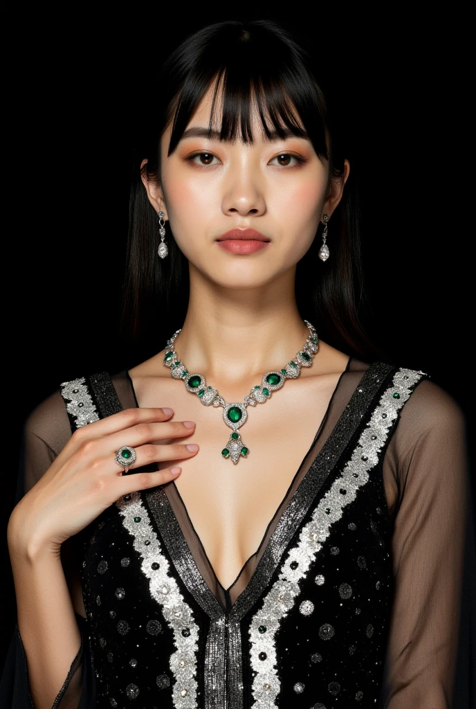 jeune femme mesurant environ 1m60, métisse d'origine asiatique et norvégienne, yeux vert clair. Longs cheveux bruns bouclés. en robe chic, collier, brillant à lèvres transparent, des seins de taille 95G, allure sportive, 25 ans, photo du corps entier, cadre urbain nocturne