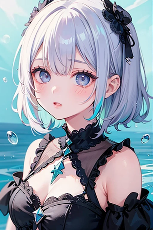 ((female)), (solo:1.2), ((masterpiece)), ((pale skin)), ((detailed eyes)), (bokeh effect), (dynamic angle), dynamic pose, ((collarbone)), white hair, hat, (blue bikini), bare shoulders, skirt, summer dress, collarbone,exterior