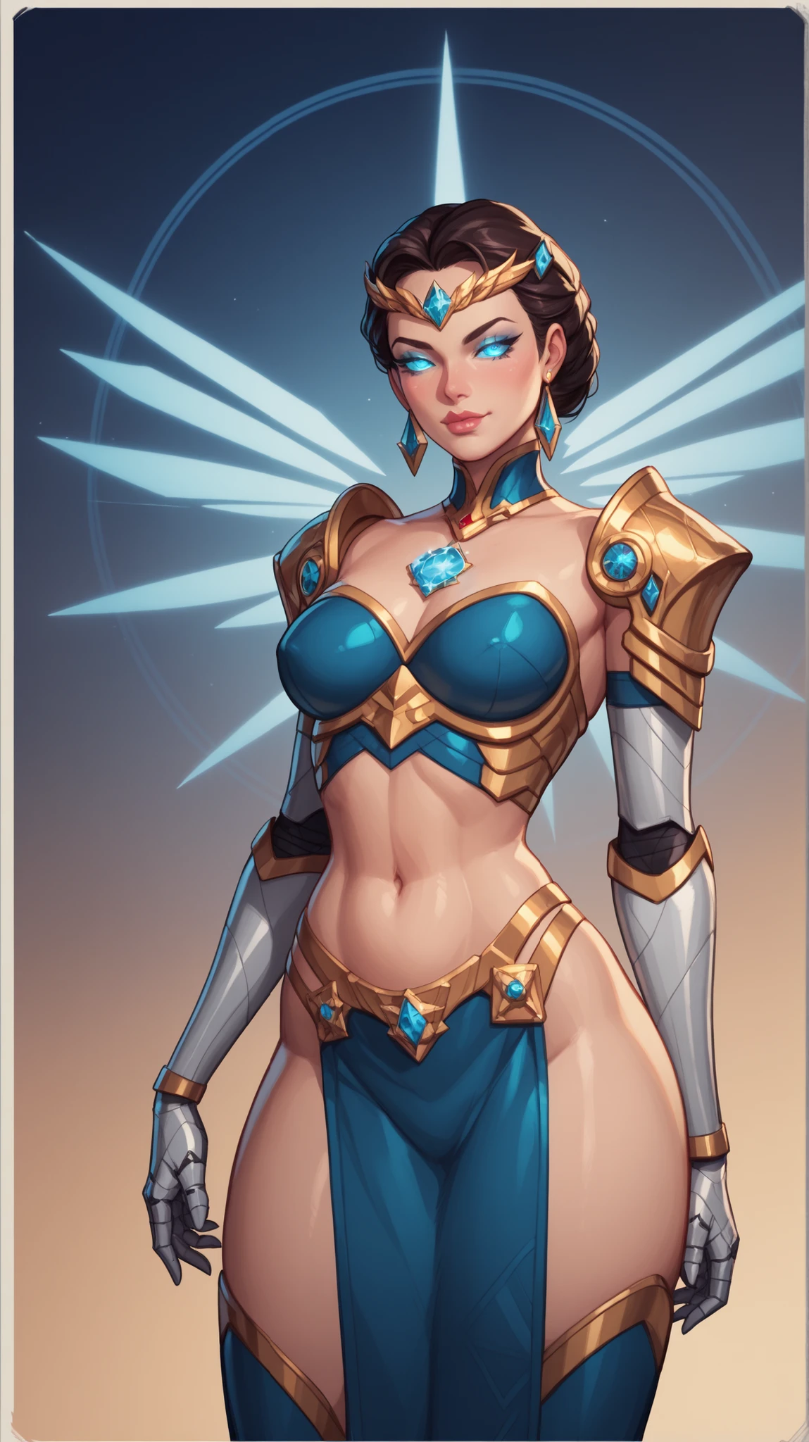 A powerful futuristic goddess-like nanotech armor called "Neomaya", standing 6.7 feet tall in a dramatic 9:16 vertical sci-fi frame. The armor has a sleek, feminine, and curvaceous design with glowing white-gold plating and intricate blue light accents. The figure has three mystical glowing eyes—one on the forehead—and three breastplates forming an elegant, divine chest armor. Her face is calm, wise, and slightly seductive, with celestial markings and metallic features. The armor has subtle floating elements around her shoulders and hips, exuding divine energy. Background is a futuristic temple with glowing ancient circuitry etched into metallic pillars, softly illuminated with bluish-golden ambient light. High detail, cinematic lighting, comic book realism, and ethereal glow effects. Cyber-divine fusion aesthetics.