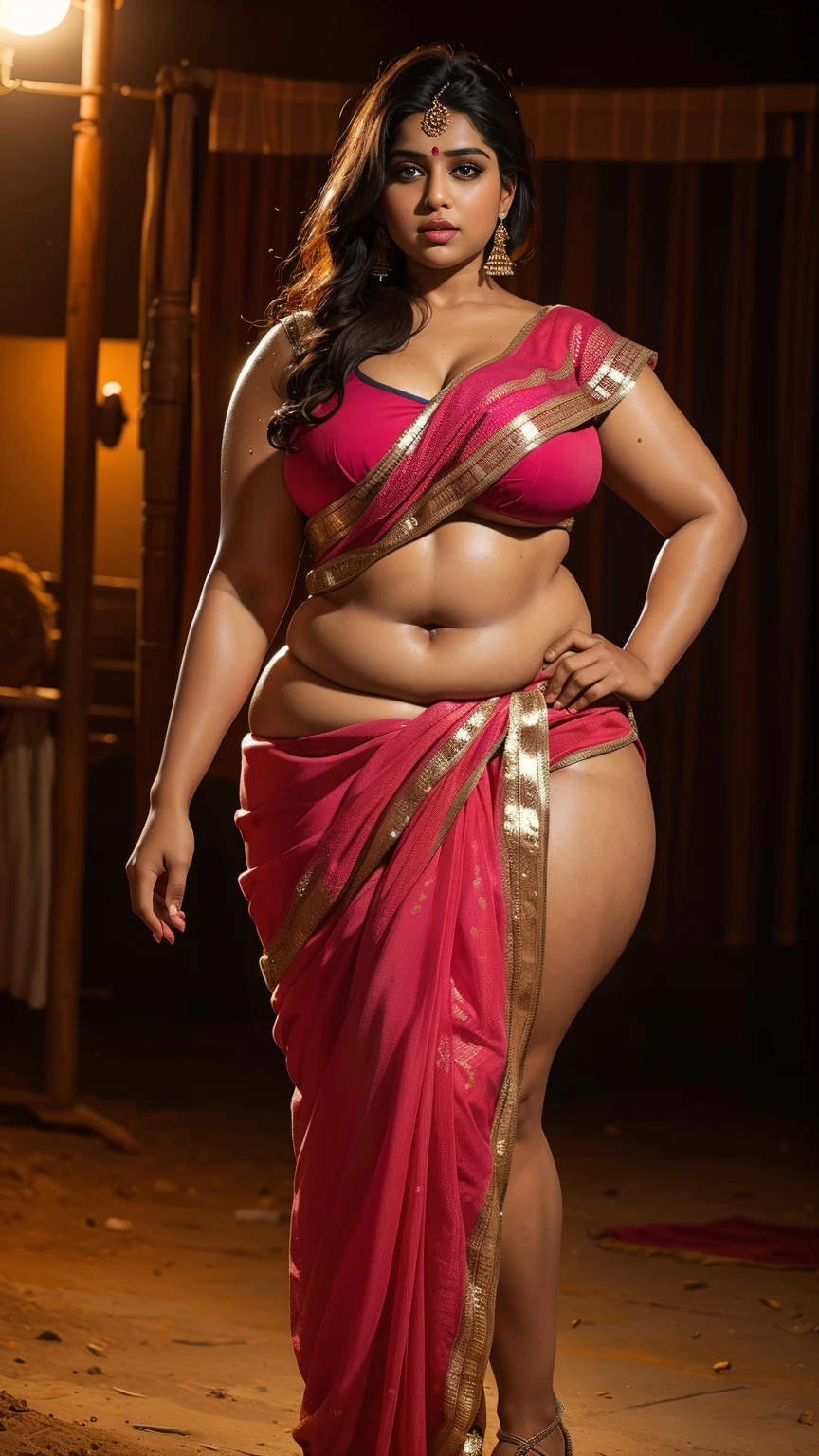 **Prompt:**

Create an 8k ultra-high-resolution, cinematic, professional film stock photo of a beautiful 48-year-old Indian woman with a full-figured, plus-size body. She has smooth, spotless white skin, and a realistic appearance with soft lighting. She stands in an elegant pose, looking directly at the camera with big, clear, lively eyes enhanced by deep eyeliner, light eyeshadow, and long, thick eyelashes. 

Her makeup is attractive, with long mascara and well-shaped lips. She has wavy, bright hair styled beautifully. Her body features a thin belly with a pronounced navel, a big high waist, thick thighs, and a large, round chest with deep cleavage, emphasized and glowing.

She is wearing a traditional silk saree with a rich, vibrant color palette of deep reds and golds, adorned with intricate floral and paisley patterns. The saree is draped elegantly, complementing her curves. Her matching silk blouse has delicate embroidery, a deep neckline, and detailed patterns that mirror the saree's design.

The photo should be highly detailed, focusing on her full-body, realistic textures, and showcasing her beauty and traditional attire in sharp focus.