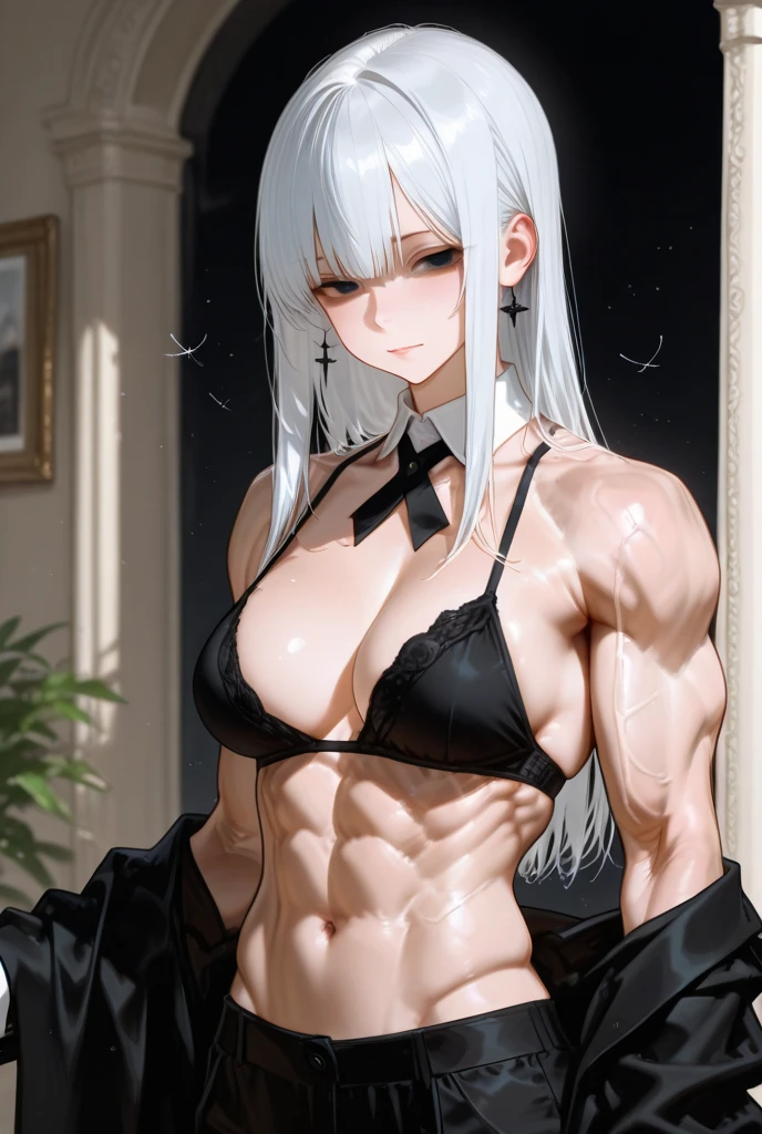 masterpiece, highest quality, silver hair, middle hair, black bikini, beach, (abs:1.7), (muscular:1.4), toned, (bulging muscles: 1.4), underarm, blue eyes, 18 years , small breasts