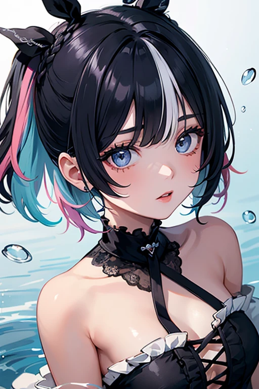 (highest quality, masterpiece, High resolution)、(Anime Art 4k)、Cinematic Light、Soft Light、(One girl、18 years old)、(whole body)、(Hands on hips)、Black Hair、(Swimwear)、(カラフルなSwimwear)、(Colorful design)、Cute and sexy、Cat ear、Bobcut、semi-long、Hair Bun、hair ornaments、choker、Captivating smile、Small breasts、(Cat Pose、Beckoning)、(play)、Cat jarashi、((White Background))、((Blank background))、