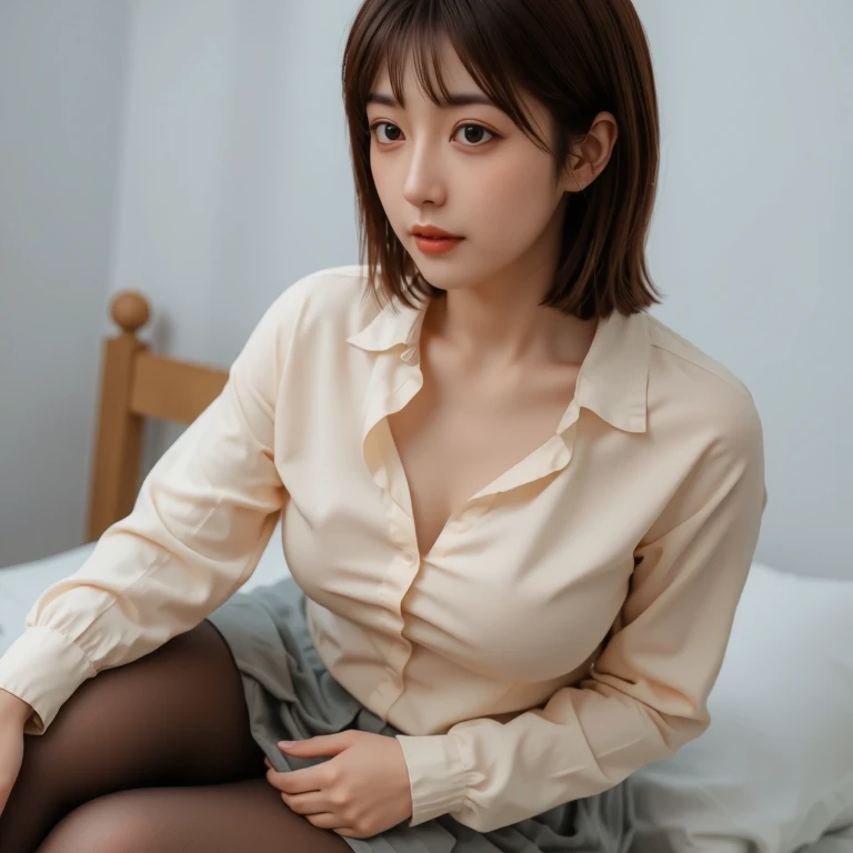 a 22 year old man with short hair cut, a beautiful face of an actress is his own one, woman's large breasts are his own one, a woman's body with a penis are his own one, tight formal shirt is worn, man's large penis being exposed is his own one, a man's crotch being naked is his own one, between his bare legs, sitting on the sofa in living room, japanese, nsfw, best quality, highly detailed, masterpiece, ultra high res, photo realistic, 8k