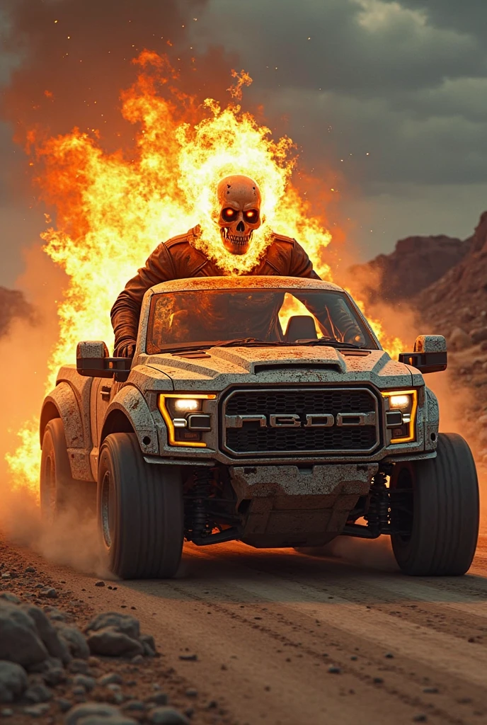 A skull driving a Ford Raptor in space