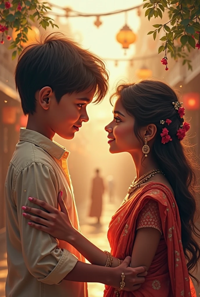Make a painting of a young boy and young girl holding hands and looking at Each Other romantically.  the girl  dressed in a Punjabi suit wears a pearl bracelet given to her by the boy. where as the boy dress is in kurta pajama.this is set in the 90's era india