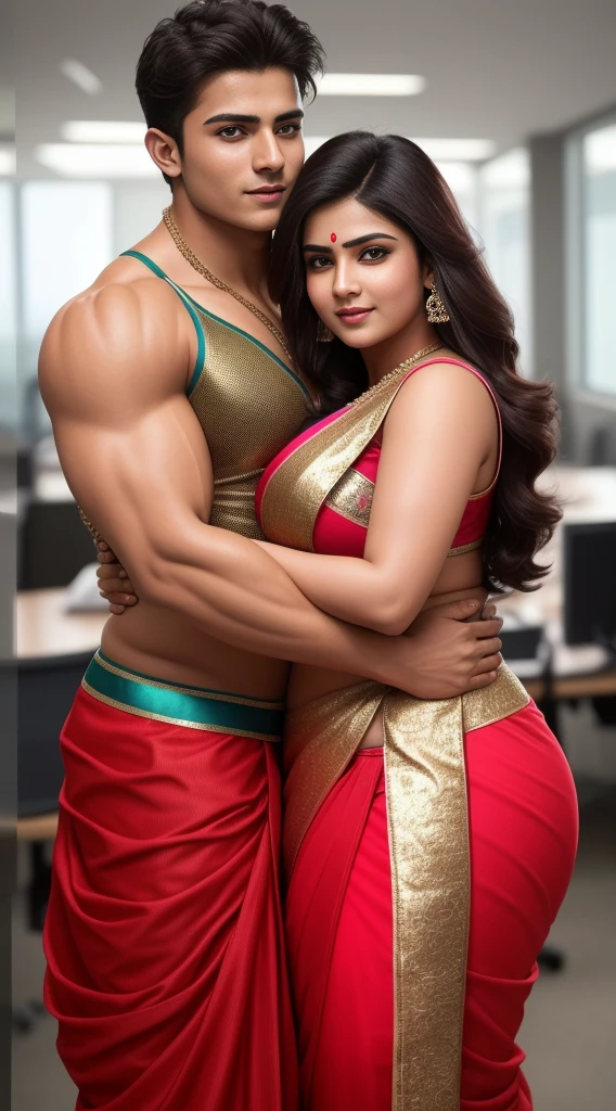 1 muscular , handsome and attractive Indian Hindu gujrati bearded man with no shirt with sexy Pakistani Punjabi Muslim married woman (milf with big and bubble butt) wearing full metallic saree. Both are hugging pose. In office. Hyper realistic image detail image. woman standing on left of the man with her navel visible and the man has grabbed the woman by waist and about to mate with her