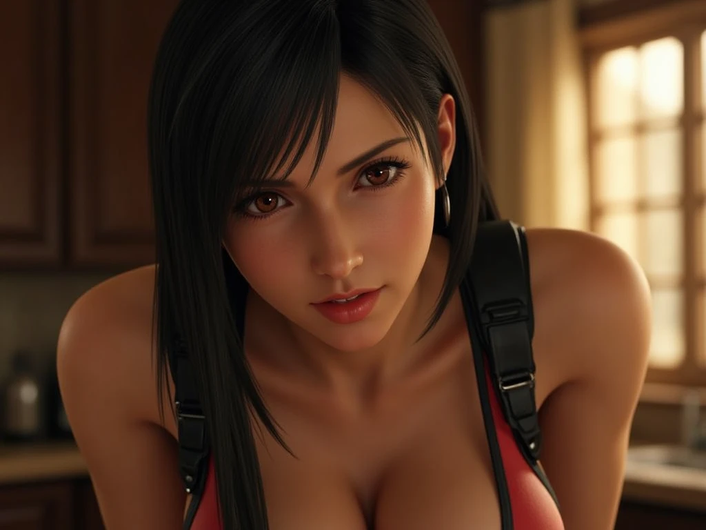 A highly detailed and ultra-realistic scene set in an industrial storage area. In the foreground, there is a young woman with a tense and alert expression. She has dark brown skin and long, blue hairs tied back in a high ponytail, with a few loose strands framing her face. Her eyes are a striking blue, and her facial features are sharply defined, broken nose, with high cheekbones and full lips. She is wearing a low-cut, sleeveless red dress that reveals a black bra underneath, indicating she might be in a distressed situation. Her hands are bound behind her back, adding a sense of captivity and urgency to the scene