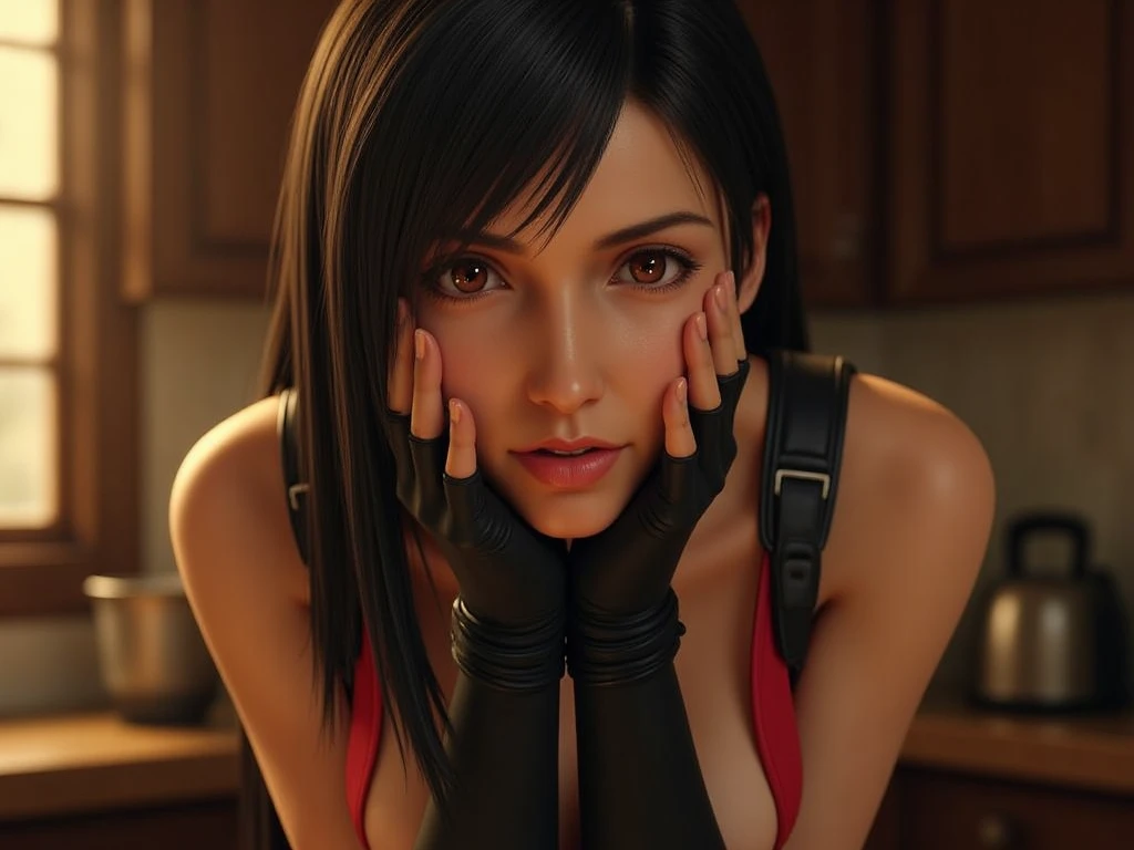 there is a woman that is sitting in a giant inflatable, tifa, tifa lockhart, glamorous tifa lockheart, tifa lockheart, seductive tifa lockhart portrait, inflatable, from ff7, covered in red slime, sinister pose, crimson themed, from final fantasy vii, deviant art, portrait of tifa lockhart, lara croft relaxing