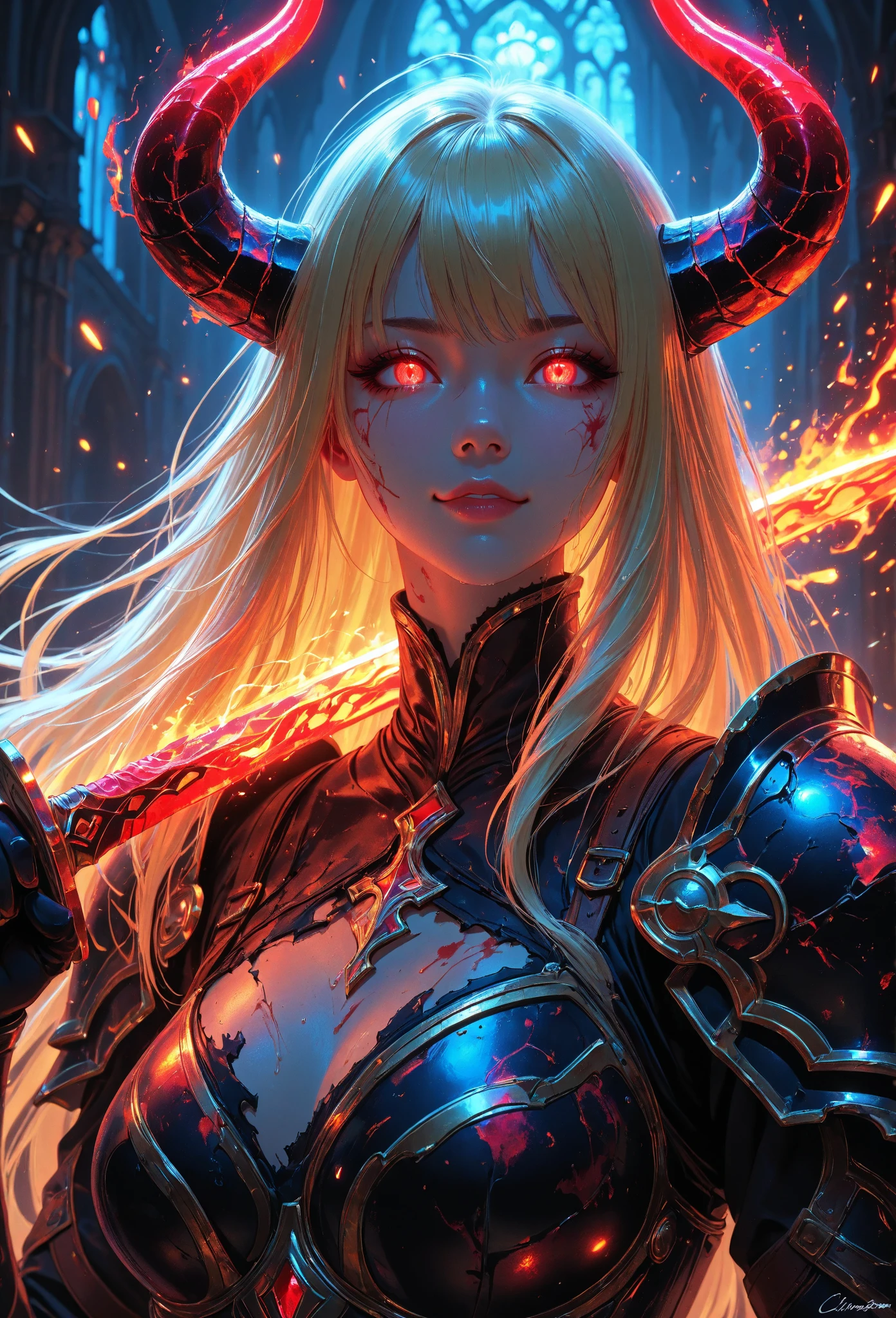 Very beautiful princess with bright red eyes bright face portrait blonde hair long lasting covers her whole body as a demon environment hyper realistic scene super detailed