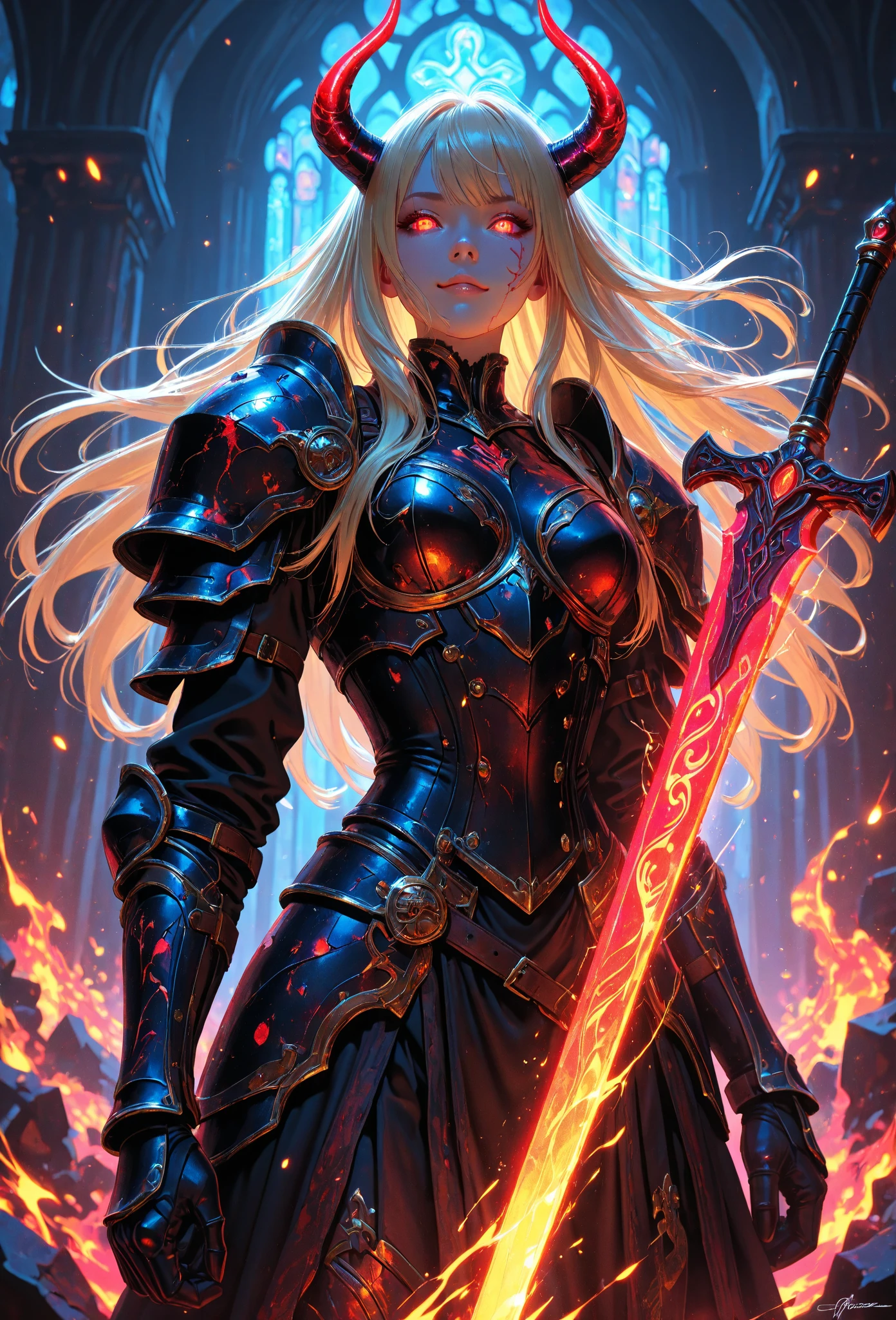Highest quality, Very detailed, (Ultra-high resolution,8k), ultra-detailed 4K, Proper Lighting, Realistic Textures, Cinematic lighting effects, (Perfect Anatomy, Anatomically correct), (Women with big breasts have a sexy appeal), (Paladin), (Beautiful armor of hellfire that covers the whole body:1.6), (Sharp eyes), ((inflammationのマント)), (surrounded by detailed inflammations:1.5), 銀hair, (ponytail), (Dynamic configuration), High quality facial beauty, (Beautiful blue eyes like sapphires), (Open your mouth), Realistic, Shine肌, (Fine skin,hair ), Magma erupting with force, Crystal clear and clean water, (((Midnight, dark))), (Pause:1.3), (Holding a sword that is beautiful down to the last detail), fire,floating,inflammation,magic,Shine, shinkai makoto