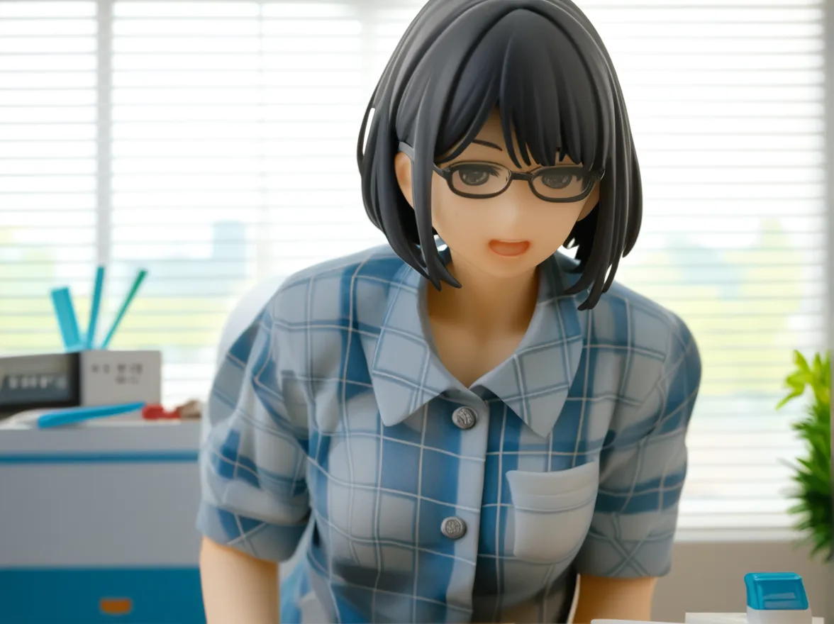 Japanese high school laboratory,A female student wearing glasses is sitting at a desk and conducting an experiment.,He wears a white uniform with a blue ribbon on his chest.,Smiling, mouth slightly open,black hair,Uniform with a blue ribbon on the chest,2Drealistic anime style,Kyoto animation style