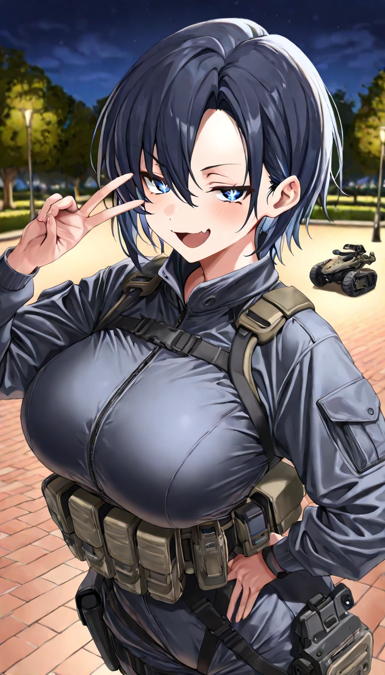 Huge mom short hair with very big and huge breasts wearing a lumberjack dress in a Scottish military uniform with a blue Scottish tactical hat