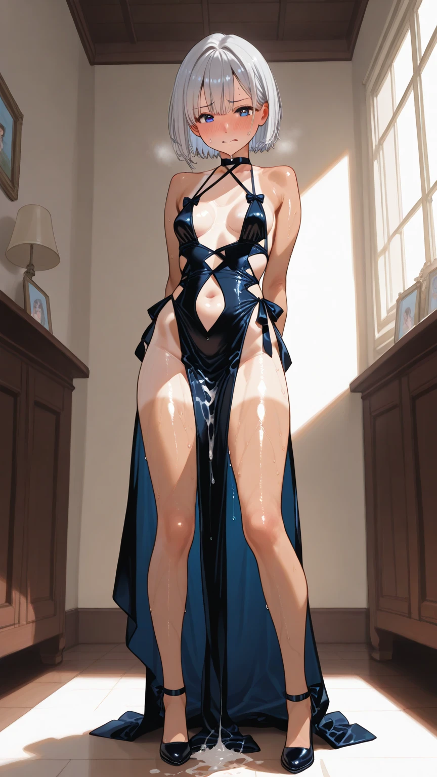 (Masterpiece, best quality, intricate details, 1sologirl) iron collar, arms behind back, iron cuffs, shackles, leather collar choker neck bell, bound ((standing by wooden pole:1.2)) ((female Black Dark skin Gyaru)) show entire body frontal position, feet in view, realistic, gorgeous 16y.o. darkest skinned mixed race female, black African, transparent black pantyhose, legs open, museum,barefoot no shoes, looking to viewer straight symmetrical, white silver long hair