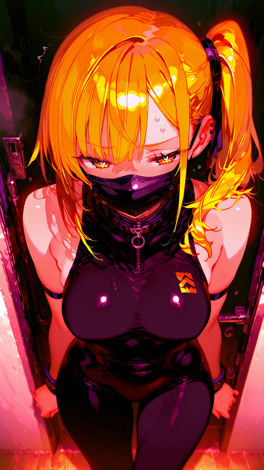 black nurse, 1girl, solo, angled shot, posing for a picture, sexy pose, black nurse cap, black latex wear, latex bra, black elbow gloves, blonde hair, red eyes, ((black surgical mask, covered nose)), standing, ((hospital bedroom)), sharp outline, short sleeves, best quality, masterpiece, ray tracing, hdr, depth of field
